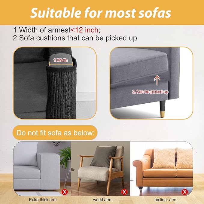 Cat Scratch Couch Protector,Cat Scratch Sofa Armest Cover with Sisal Mat and a Toy for Small Animals Indoor use 23.6’’L*19.7’’W (Black/Left Hand)