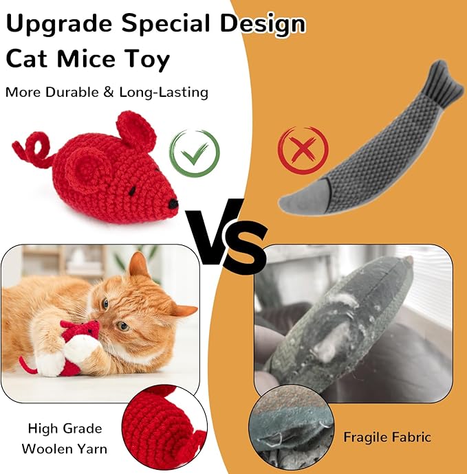 Retro Shaw Catnip Toys Crochet Mouse, 6 Pcs Yarn Cat Nip Mice Safe Teeth Cleaning Chew Toy for Indoor Kittens Kitty, Interactive Catnip Cat Kicker Toys