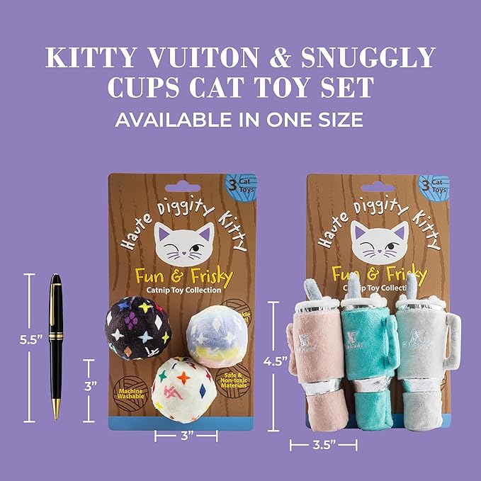 Vuiton Monogram Balls + Snuggly Cups Set, Plush Cat Toys Catnip Filled with Interactive Crackle Sound, Safe & Durable Toys for Cat & Kitten, 6 Pcs