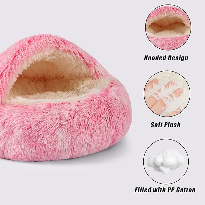 Round Hooded Cat & Dog Bed with Cover Cave, Faux Fur Cuddler - Self Warming Donut Bed Fits up to 12 lbs Pets (Pink, 20" x 20")