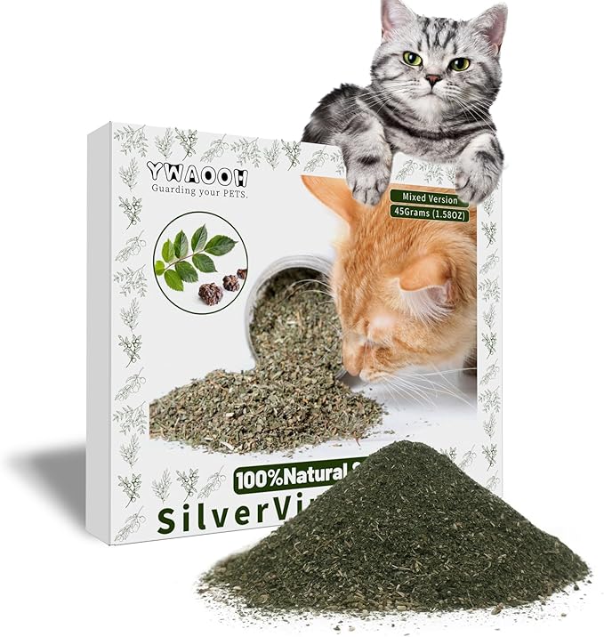 Cat Toys - Blend Silvervine Powder 45g with 5 Reusable Pouches, Catnip Alternative, 100% Natural Silver Vine Gall Fruit Powder & Silvervine Leaves, Suitable for All Cat Ages