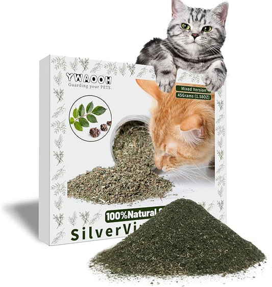 Cat Toys - Blend Silvervine Powder 45g with 5 Reusable Pouches, Catnip Alternative, 100% Natural Silver Vine Gall Fruit Powder & Silvervine Leaves, Suitable for All Cat Ages