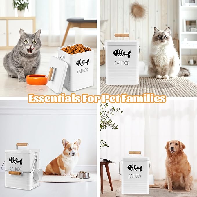 Cat Food Storage Container with Scoop - 5-7 lb Metal Cat Treat Container with Wood Handle, Pet Snacks Canisters with Airtight Lid & Dry Food Scoop for Kibble & Treats, Kitchen Counter Organizer