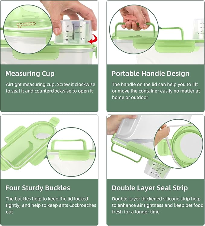 5-7Lbs/6Qt Dog Cat Storage Container Portable with Upgraded Large Spout and Cup, Plastic Pet Food Dispenser for Small Animal Kibble, Bird Seed, Oatmeal, Rice, Flour, Brown Sugart- Clear Green