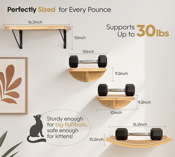 Wood Cat Wall Shelves with Sisal Cats Window Perch, Wall Mounted 4-Piece Cat Climbing Set with Curved Bed, Flat Perch and Sisal-Covered Steps