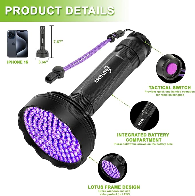 ESCO LITE Blacklight Flashlight 128 LED UV Flashlight, Upgraded Bright 395nm Handheld Ultraviolet Light for Pet Urine Detection, Scorpion Hunting