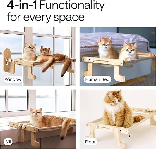 4-in-1 Cat Window Perch for Large Cats – Foldable Adjustable Pet Hammock for Window, Bed, Floor & Sill – Premium Hammock with Reinforced Design