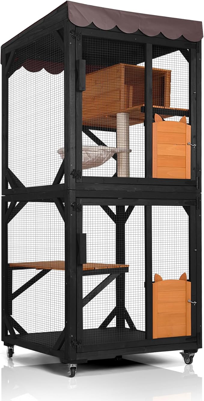 GUTINNEEN Catio Outdoor Cat Enclosure on Wheels - Outside Kitty House with Upgraded Resting Box, PVC Layer, and Waterproof Roof - 71.9" Black