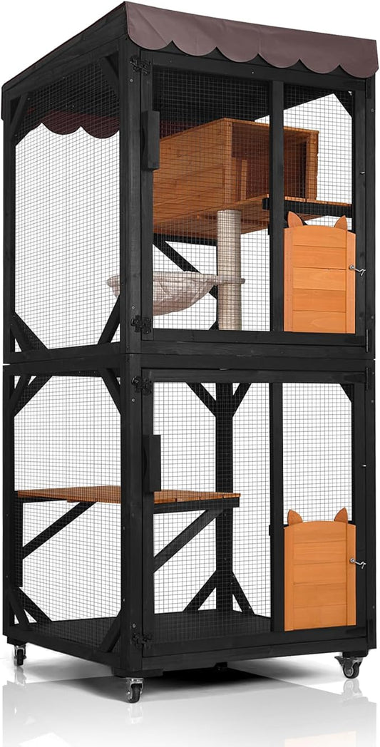 GUTINNEEN Catio Outdoor Cat Enclosure on Wheels - Outside Kitty House with Upgraded Resting Box, PVC Layer, and Waterproof Roof - 71.9" Black