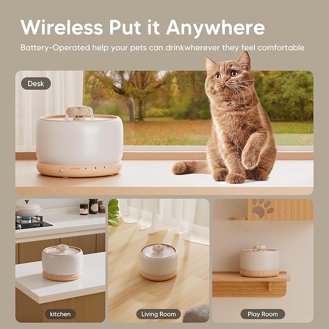 WOPET Wireless Cat Water Fountain, 3L/101oz W03 Stylish Ceramic Pet Water Fountain, 5000 mAh Battery Operated Cat Water Dispenser for Cats & Dogs, Ultra-Quiet, Easy to Clean and Assemble White Orange