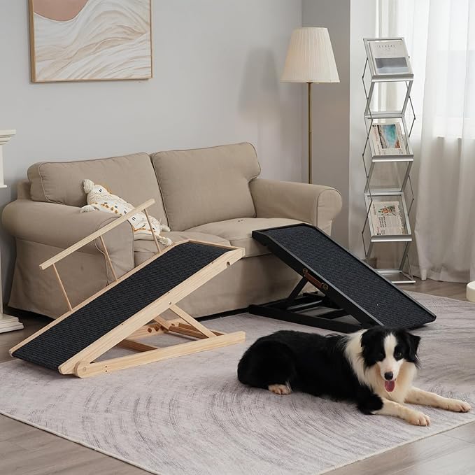 Dog Ramp for Bed Couch - Pet Steps Stairs to Get on Bed Couch 15.7"-23.6" High for Small or Large Dog Up to 200 lbs, Adjustable Wooden Dog Ramp Steps Foldable Portable, Anti-Slip Carpet (Brown)