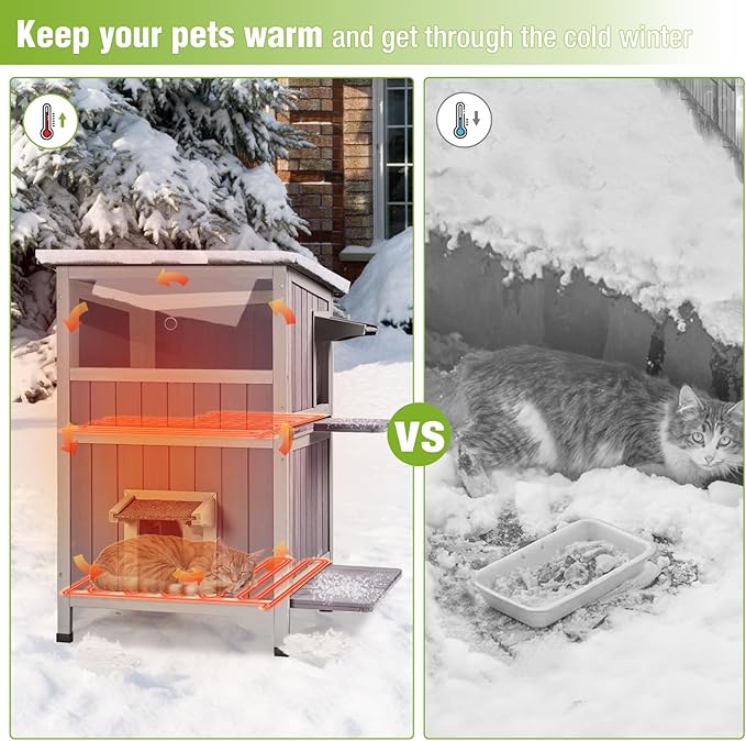 GUTINNEEN Heated Outdoor Cat House with Insulated Liner for Winter Insulated Feral Cat Shelter Waterproof Grade for Outdoor and Indoor Use,2-Story
