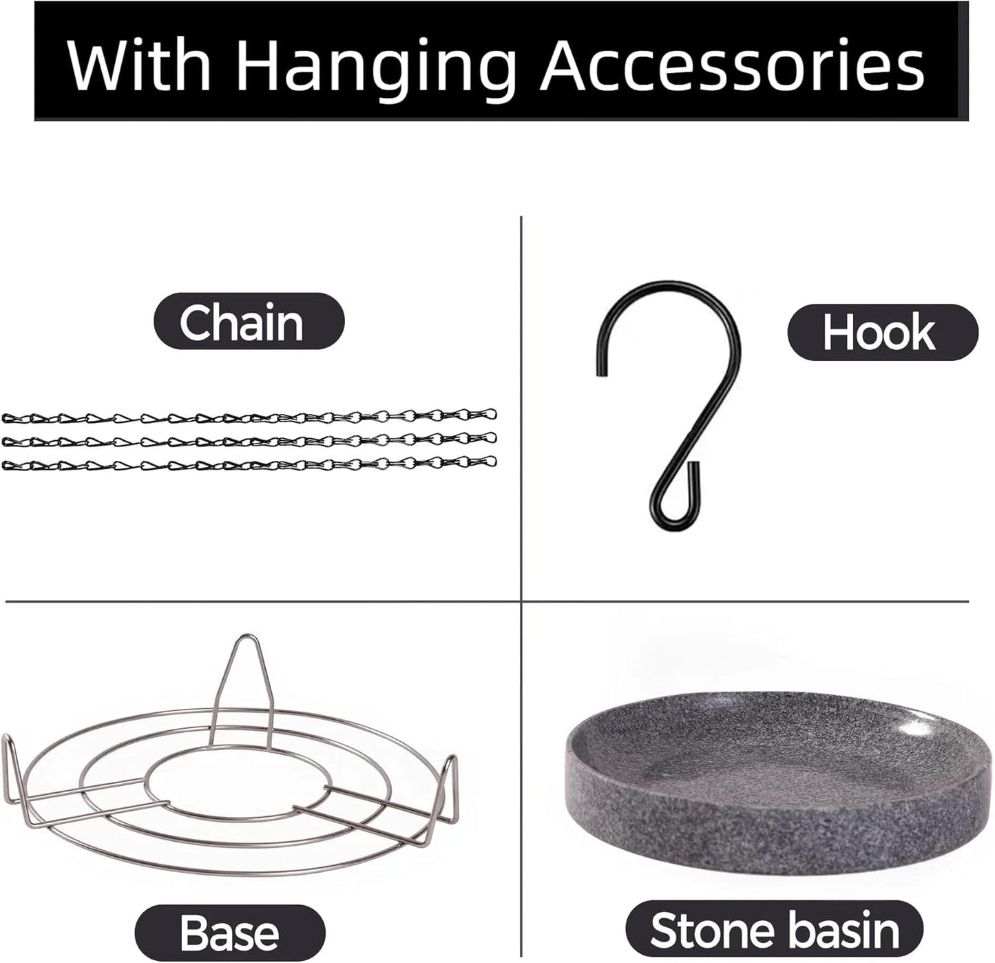 Stone Bird Baths for Outdoors,10inch Birds Bath Bowl with Hanging Accessories,Ground Bird Feeders and Birdbath Bowl, Bird Water Bowl for Balcony, Patio, Garden or Yard,Grey White