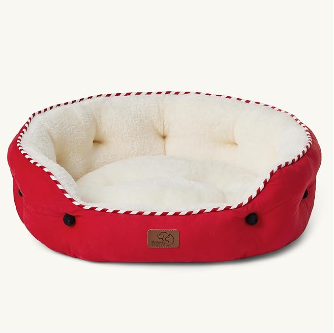 Bedsure Dog Beds for Small Dogs - Round Cat Beds for Indoor Cats, Washable Pet Bed for Puppy and Kitten with Slip-Resistant Bottom, 25 Inches, Antique Red