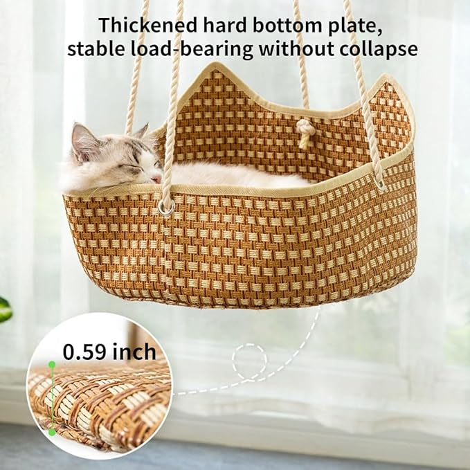 Breathable Pet Cage Hammock with Metal Hooks, Rattan and Bamboo Woven Cat Hammock for Kittens, Rabbits, Small Dogs, Cat Hanging Bed for Cage (Green)