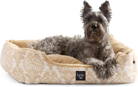 Nicole Miller New York PET Mod Damask Plushy Bolster Pet Bed, Cozy & Calming, Non-Slip Bottom, Machine Washable Cover, Taupe, Extra Small 19"x15"x6"