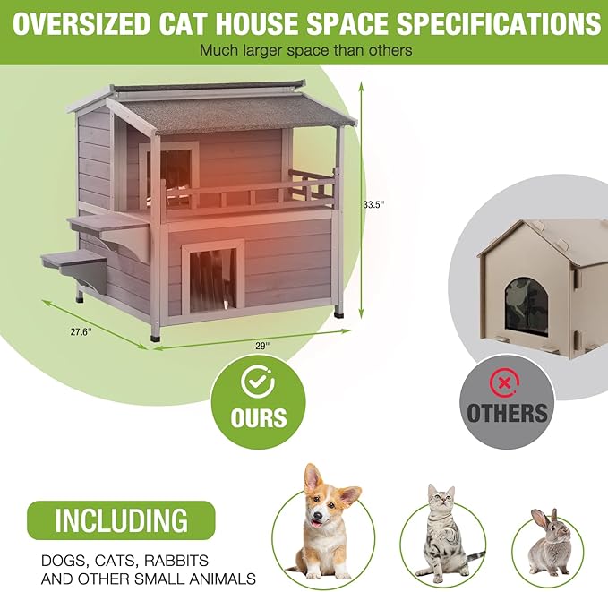 GUTINNEEN Outdoor Cat House Insulated, Weatherproof Cat Shelter with Insulation Liner for Winter, 2-Story Wooden Kitty Condo with Openable Waterproof Asphalt Roof, Elevated Plastic Feet