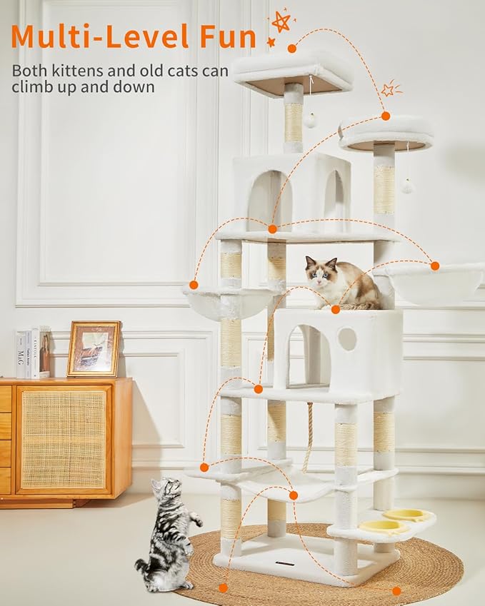 Taoqimiao 76-Inch Cat Tree Cat Tower for Indoor Cats, Plush Multi-Level Cat Condo with 12 Scratching Posts, 2 Perches, 2 Caves, Hammock, 2 Pompoms MS016C Cream White