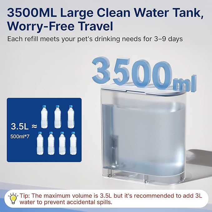 Potaroma Smart Wireless Pet Water Fountain, No Filter, 3.5L Large Capacity, Rechargeable Automatic Water Dispenser for Cats and Small Dogs, Wastewater Separation Always Fresh Water