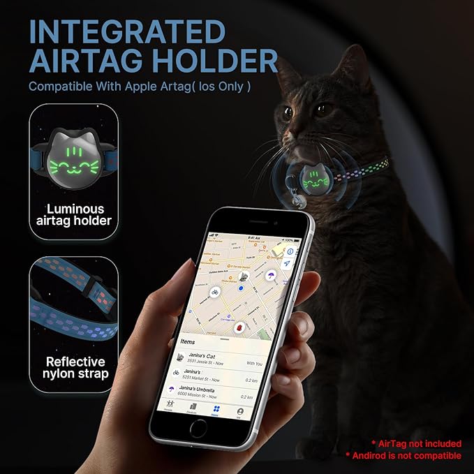 Waterproof Airtag Cat Collar, Breakaway Cat Airtag Collar with Luminous & Reflective Pattern Strap, Lightweight Kitten Collars for Apple Air tag, Hidden Holder for GPS Tracker - Cats, Kittens (9-13")