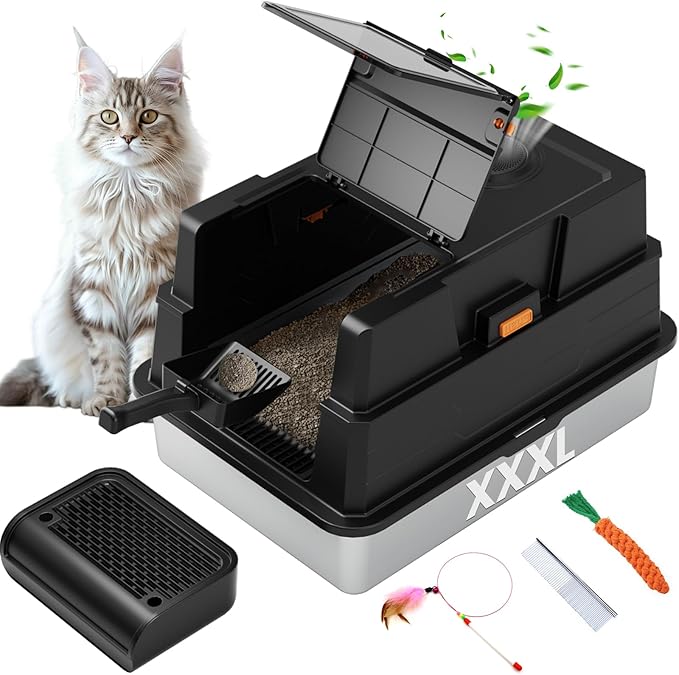 Enclosed Stainless Steel Litter Box XXXL, Extra Large 28" L x 20" W Metal Litter Box Enclosure with Cover and Foot Pedal and Scoop for Big Cats & Multiple Cats with High Sided, Easy Cleaning