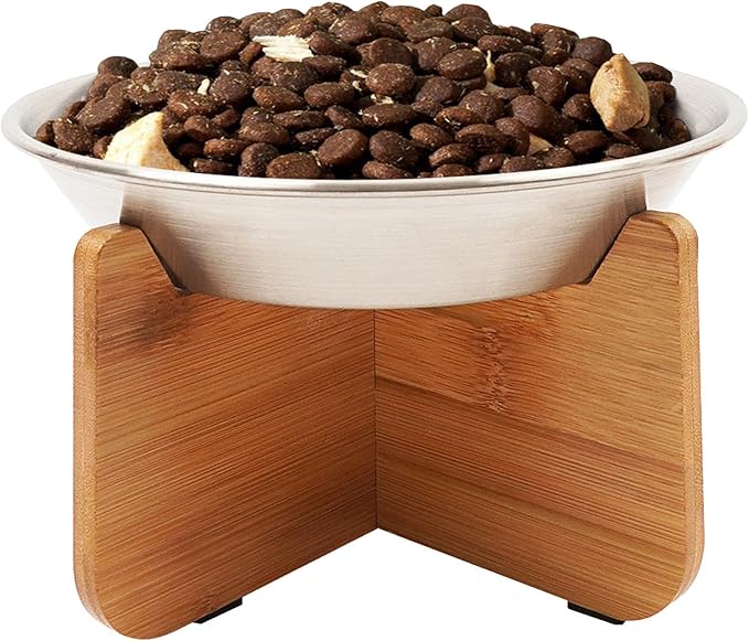 Elevated Cat Bowl with Bamboo Stand, 6.8" Extra Wide Shallow Raised Stainless Steel Cat Bowls Whisker Friendly