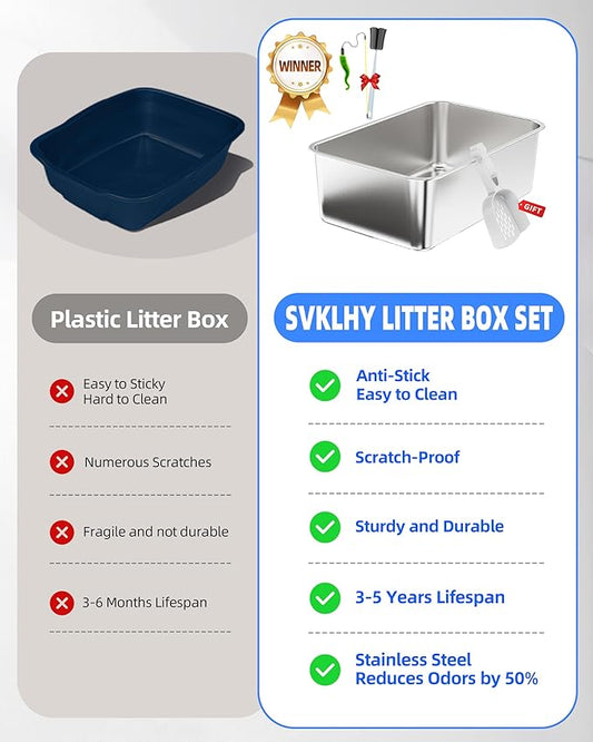 Stainless Steel Litter Box Set- [4-in-1] Cat Litter Box with Litter Scoop, Brush, Cat Wands, Non-Sticky Metal Litter Box for Cat, Kitty, Rabbit, Odorless, Easy Clean (17.7” x 13.8“ x 6”, 1 Pack)