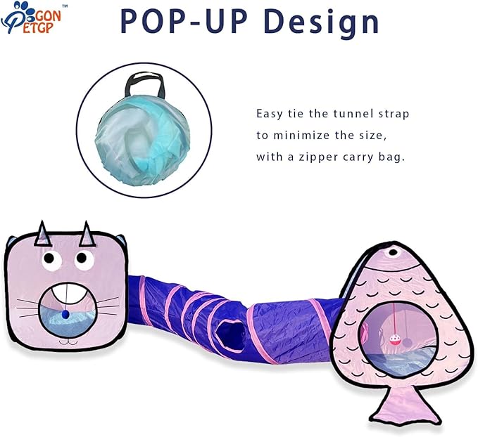 Cat Tunnel for Indoor Cats with Cube Tent Toys Combo, Crinkle Paper Collapsible Interactive Pet Cat Tubes with Play Ball and Bell for Puppy, Kitty, Kitten, Rabbit (3 in 1 Set