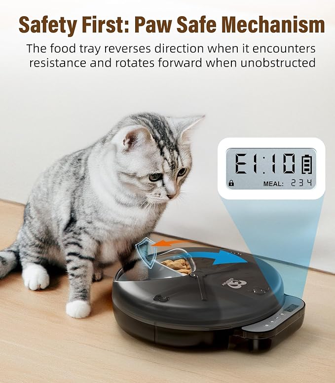 Casfuy Battery-Operated Automatic Cat Feeder - Whisker Friendly Automatic Cat Food Dispenser for Wet Dry Food Cordless 4-Meal Auto Feeder for Cats Small Dogs with Programmable 12H/24H Format Timer