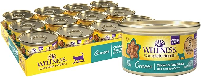 Wellness Complete Health Gravy Adult Wet Cat Food, Natural, Protein-Rich, Grain Free, 3 Ounce, 12 Pack, (Chicken & Tuna Dinner)