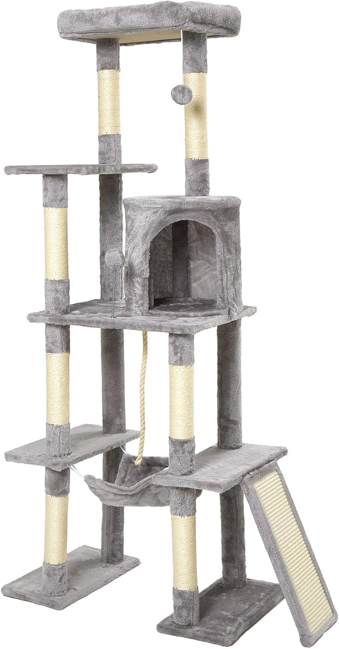 Large Cat Tree,65-inch Tall Multi-Level Cat Tower with Sisal-Covered Scratching Posts, Condo, Hammock, Dangling Ball,Light Grey