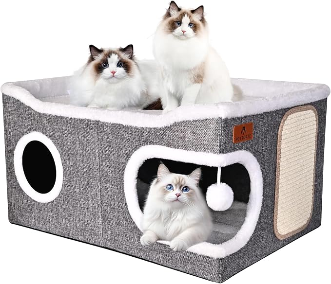 Extra Large Cat Beds for Indoor Cats, Covered Cat Cave Beds & Furniture with Scratch Pad and Fluffy Ball, Foldable Condo Hideaway with Reversible Cushion for Multi Small Pet Large Kittens, Grey