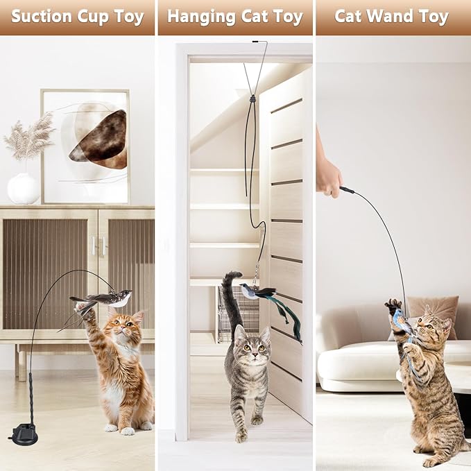 Cat Toys for Indoor Cats, Interactive Bird Cat Toy Self-Holding Suction Base with 5 Replaceable Birds, Door Hanging String, Feathers & Bells | Chase, Jump & Exercise for Kittens/Adult Cats