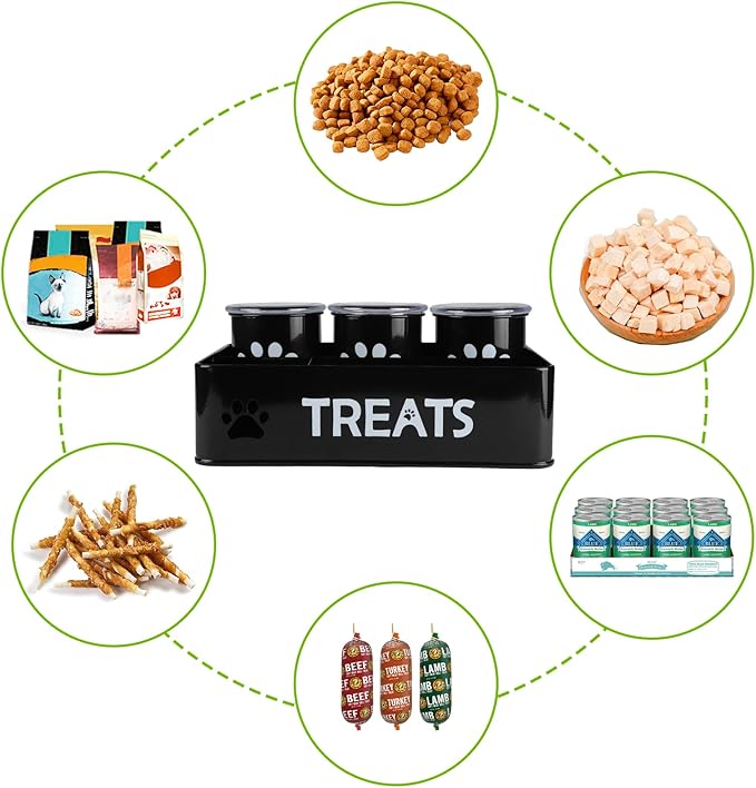 28oz Metal Dog Treat Container Set of 3,Dog Treat Jars with Airtight Lids,Cat Treat Jar,Dog Treat Canister for Countertop,Coated Galvanized Steel Dog Treats Station-Black