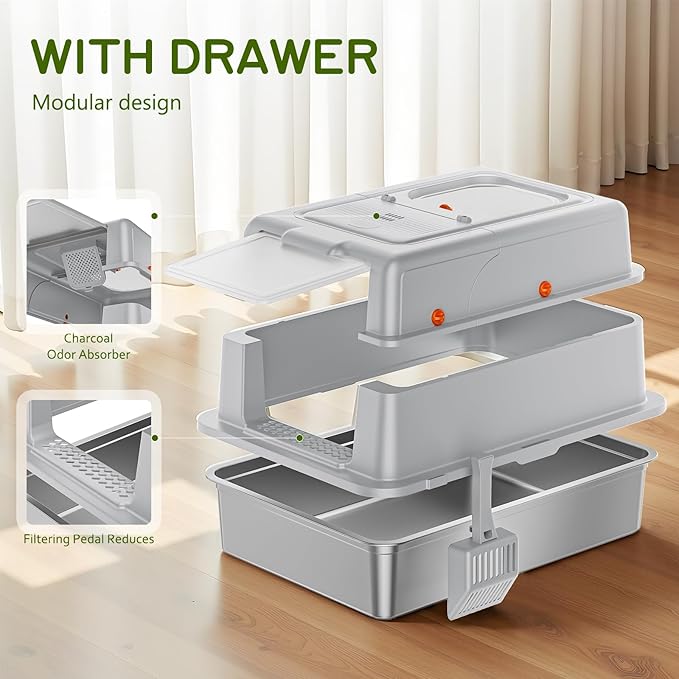 Stainless Steel Litter Box with Lid, 28" XXXL Large Cat Litter Box Enclosure for Multiple Cats, Odor Control with Carbon Filters, Anti-Leak High Sided, Includes Removable Lid & Scoop Light Gray