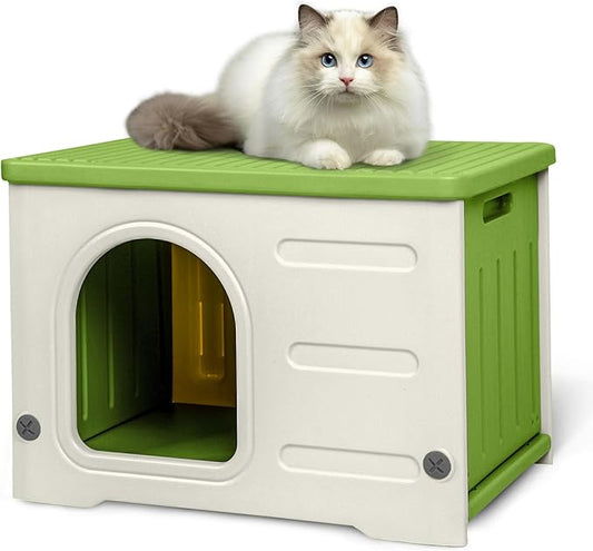 Plastic Cat House for Outdoor Indoor Use, Stackable Feral Cat Shelter Indoor Cat House Insulated Weatherproof Waterproof -Green