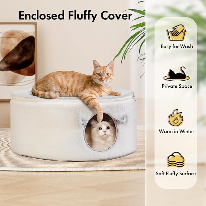 Cat Bed for Indoor Cats, Fluffy Cat Cave Large Enclosed Cat House Pet Bed Hammock with Removable Washable Cover for Sleeping Cat, Kittens, Small Dog, Oval Cat Hideaway