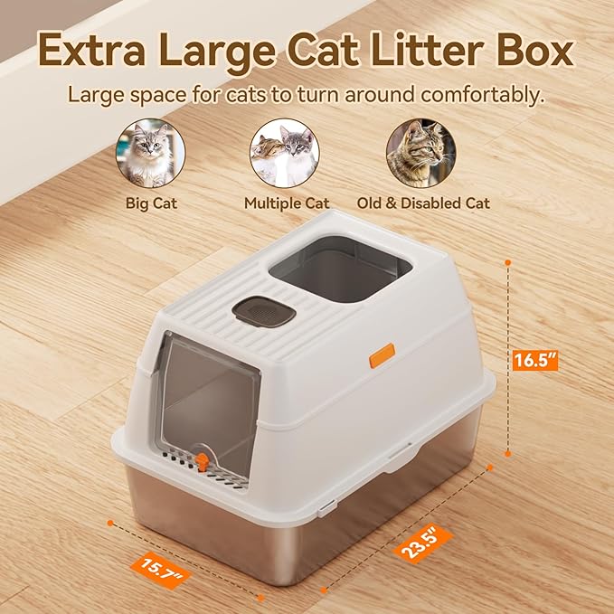 Enclosed Stainless Steel Cat Litter Box with Lid Extra Large Litter Box for Big Cats XL Metal Litter Pan Tray with High Wall Sides Enclosure, Non-Sticky, Anti-Leakage, Easy Cleaning (Light Grey-2)