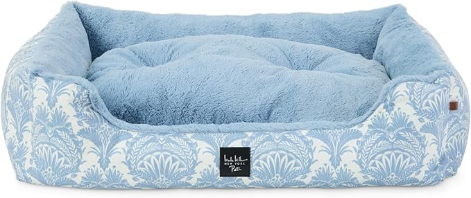 Nicole Miller New York PET Mod Damask Plushy Bolster Pet Bed, Cozy & Calming, Non-Slip Bottom, Machine Washable Cover, Blue, Medium 30"x23"x8"