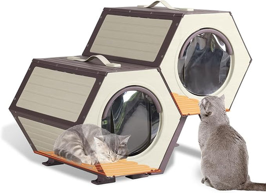 Heated Cat House for Outdoor Winter,Combined Cat Condo with Adjustable Temperature and Time， Insulated Outdoor or Indoor Cat Shelter for Feral with Escape Door (White and Brown, 2 Sets)