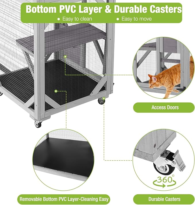 GUTINNEEN Cat House Catio Outdoor Cat Enclosure on Wheels Kitty Shelter with Waterproof Cover,Large Cat Cage with Resting Room,Platforms 62.5"