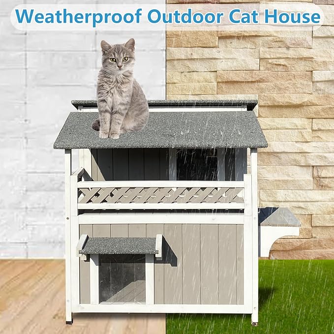 Feral Cat Shelter Outdoor Weatherproof Houses for Cats Two Story Wooden Cat House Outside Feral Cat House with Balcony Waterproof, Escape Doors