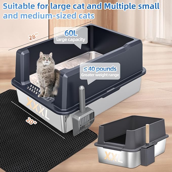 XXXL Extra Large Stainless Steel Litter Box, 28" L x 20" W x 14" H Super Large Stainless Steel Litter Box, Suitable for Large Cats and Multiple Cats, Non-Sticky, Anti-Leakage, Easy to Clean