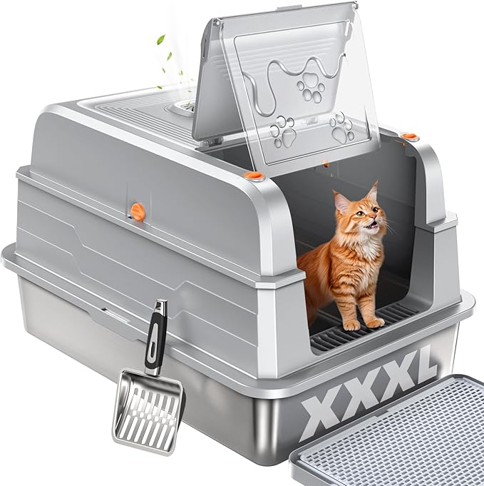 CATLIKE® 2025 Upgrade 152L XXXL Stainless Steel Cat Litter Box - 3-Layer Urine Leak-Proof, Enclosed Design w/Charcoal Filter for Maine Coon & Multi-Cat Homes, Includes Metal Scoop & Mat