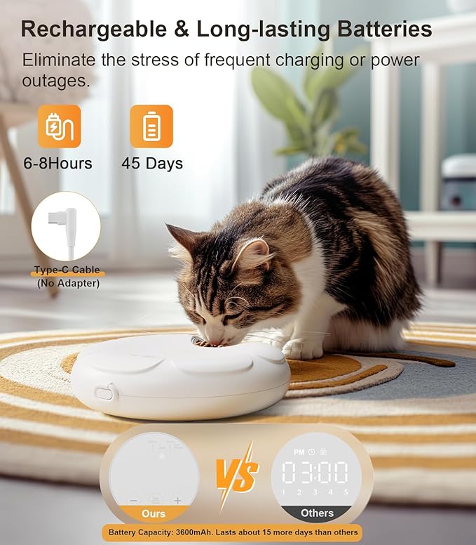 Casfuy Automatic Cat Feeder Cordless - Automatic Cat Food Dispenser with Stainless Steel Tray for Wet Food Rechargeable Auto Feeder for Cats Small Dogs with Programmable Timer Low Battery Indicator