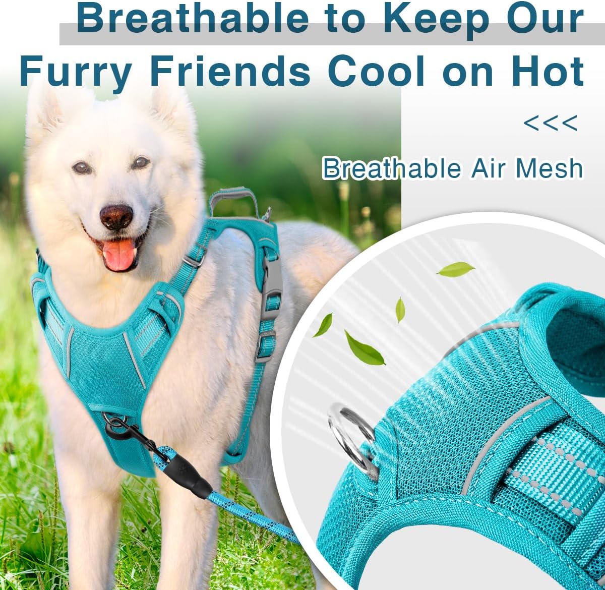 BARKBAY Dog Harness No Pull with ID Tag Pocket - Heavy Duty, Reflective, Easy Control for Large Dogs(Ocean Blue,L)