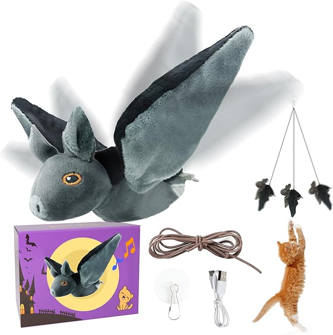 LEWISER Cat Toys, Flapping Wings Cute Bat, No Flying, Chirping Bird Interactive Catnip Toy for Kitten or Small Dogs, Touch Activated, Rechargeable