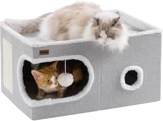Cat Bed for Indoor Cats Cube House, Covered Cat Cave Beds & Furniture with Scratch Pad and Hideaway Tent, Cute Modern Cat Condo for Multi Small Pet Large Kitten Kitty, Large, Grey