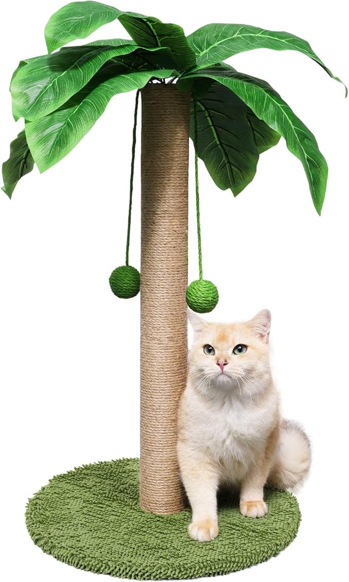 ZooZoo Cat Scratching Post, Cat Coconut Palm Tree for Indoor Kittens with Natural Sisal Scratch Pole Hanging Sisal Ropes and Balls, Cute 27" Tall Cat Scratcher for Cat and Kittens