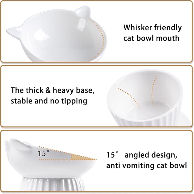 Ceramic Raised Cat Bowl，Tilted Raised Bowl Anti Vomit Bowls for Indoor Cats Whisker Friendly Pet Feeder for Cats Puppies, Microwave and Dishwasher Safe